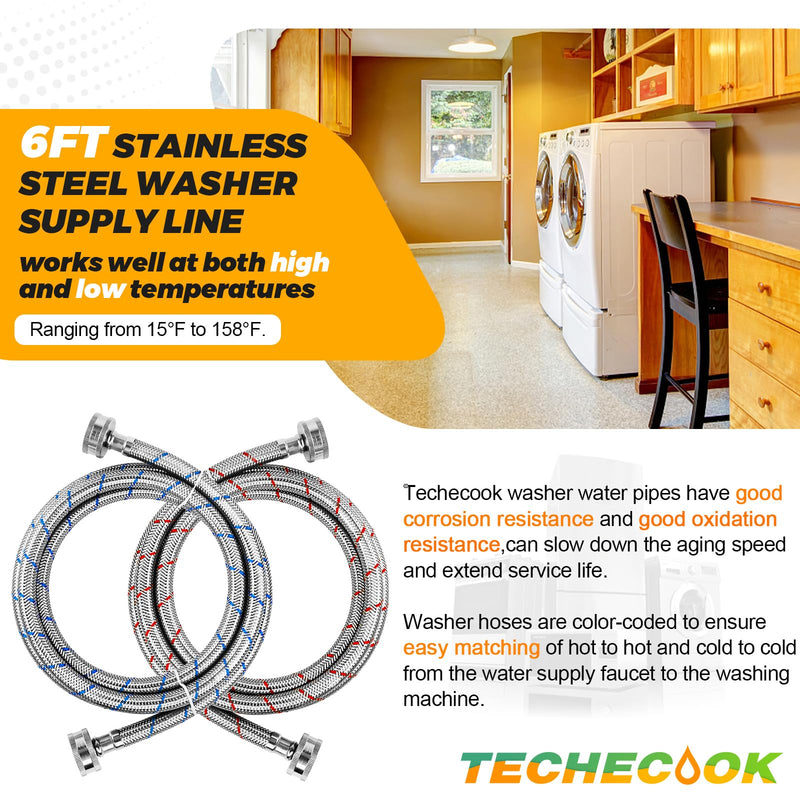 6Ft Stainless Steel Washing Machine Hoses- Burst Proof Washer Supply Lines 6Ft Washer Hoses Universal for All Washer Water Supply Lines by Techecook- 2Pcs Hot and Cold Water lines- 10 Years Guarantee