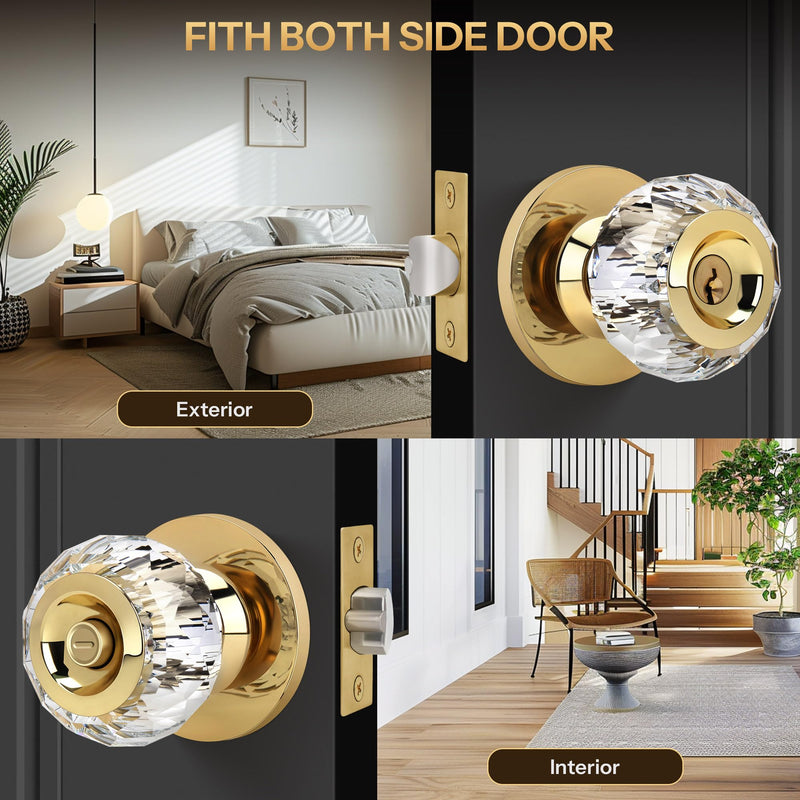 Crystal Door Knobs with Lock and Keys, Interior Crystal Glass Door Knobs with Privacy Lock Diamond Crystal Door Knob for Bedroom Bathroom, Gold 1 Pack Privacy function (with key)