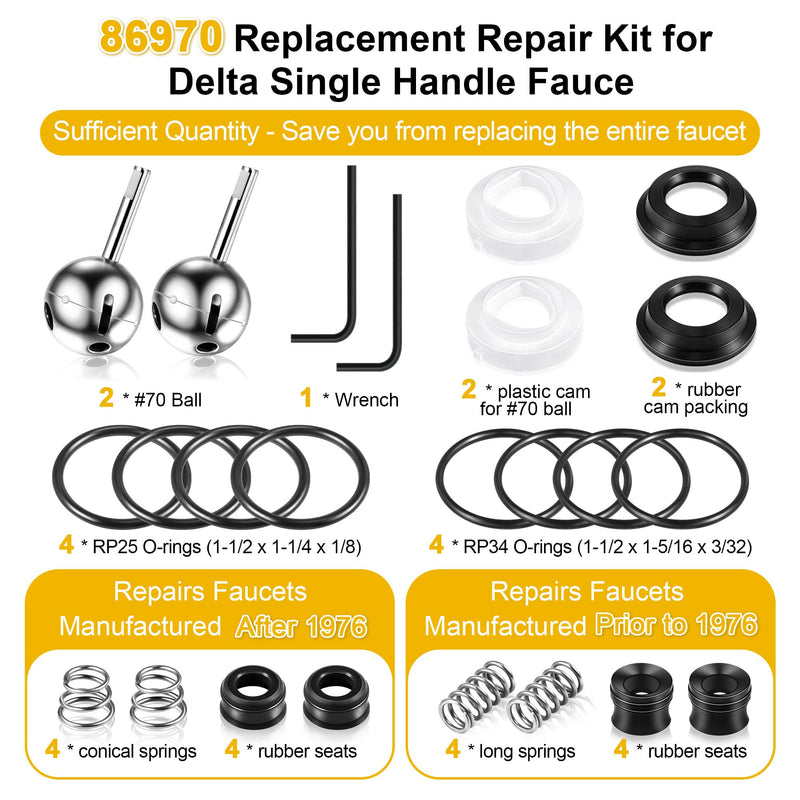 Enhon Kitchen Faucet Cartridge Repair Kit, Compatible with Delta/peerless Faucet 86970 Single Handle #70 Ball Valves and Lever Handles, Fix Dripping Faucets, Stainless Steel (2 Packs) 2
