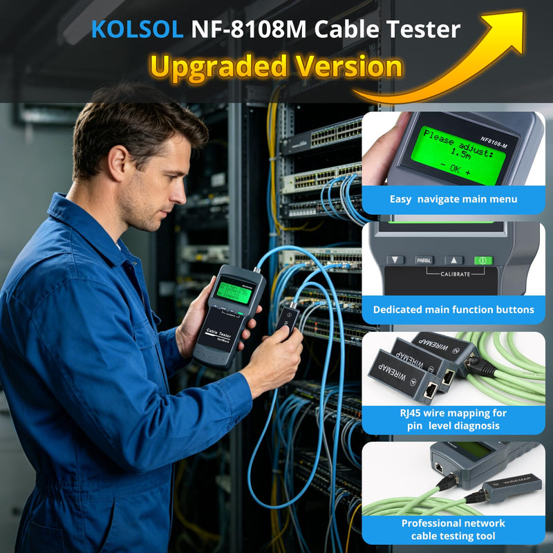RJ45 Network Cable Tester Kit with 8 Remote Units, LAN Ethernet Length Meter for Cat5/Cat5e/Cat6/Cat6e Cables - Locate Breakage Point, Length Measurement & Continuity Checking