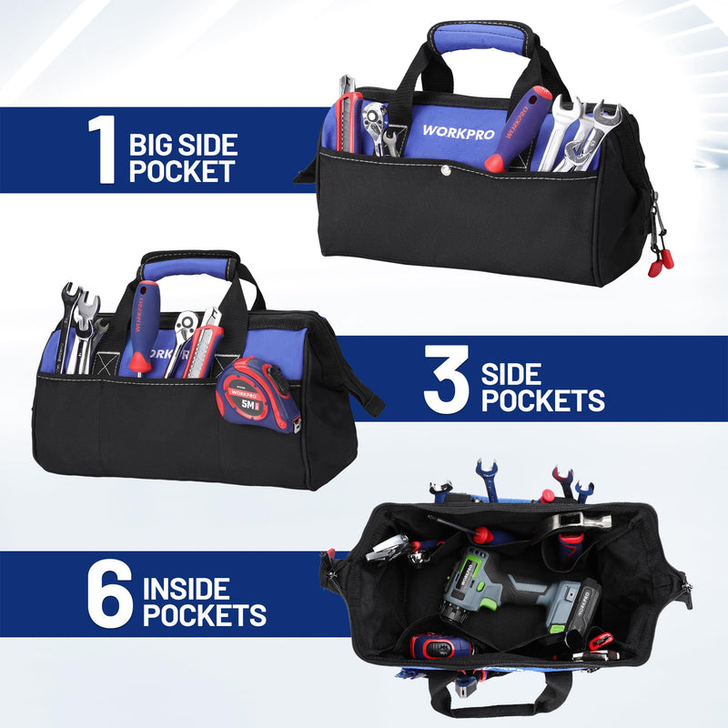 WORKPRO 13-inch Tool Bag, Wide Mouth Tool Tote Bag with Inside Pockets for Tool Storage Blue
