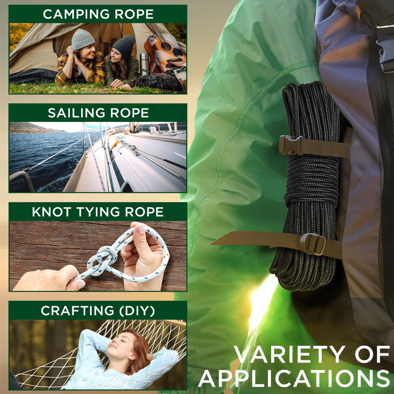 TECEUM Rope – 1/4” & 3/8” – 90 FT | 150 FT – Strong All-Purpose Utility Rope – Camping, Crafting, Flag Pole, Indoor & Outdoor – Polypropylene Nylon Poly Lightweight Diamond Braided Cord – Black 1/4" - 90 FT (27.5M)