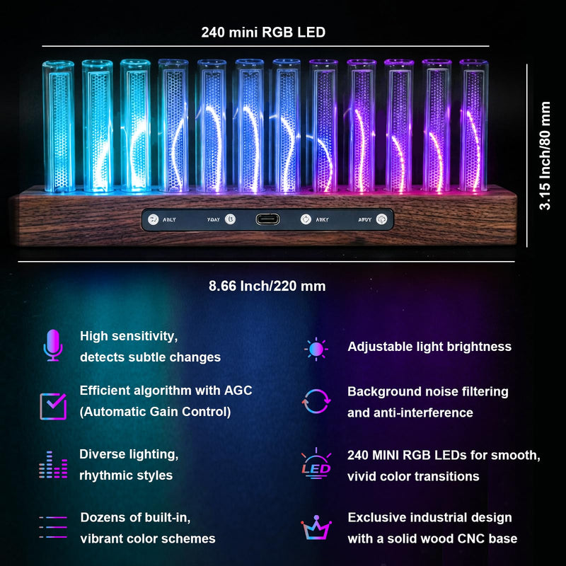 12-LED Music Spectrum Display with 240 RGB Beads - High Sensitivity Spectrum Analyzer, Adjustable Color & Brightness for Home Audio