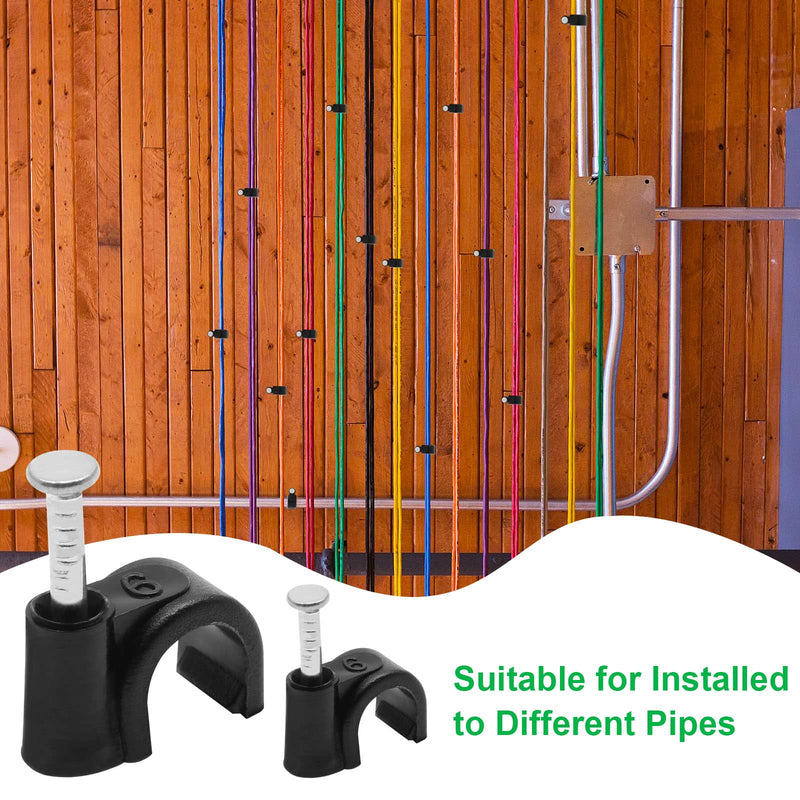 200pcs 1/4" / 6mm Half Clamp J-Hook with Nail, Nail in Cable Clips Ethernet Cable Nails Tacks Clips, Black 1/4" / 6mm, 200 PCS