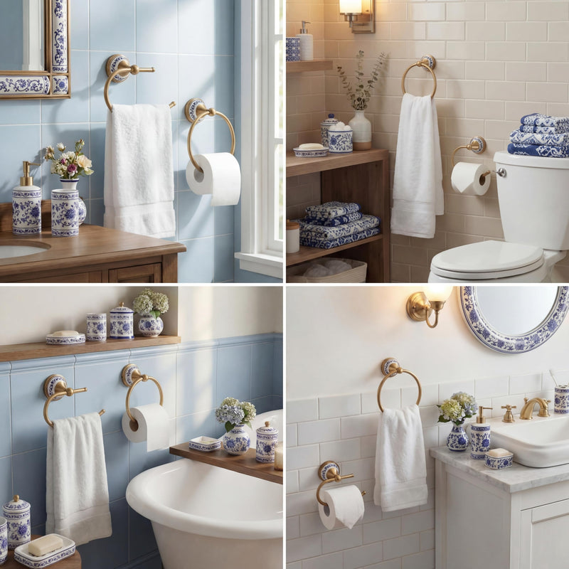 2 Pack Chinoiserie Chic Brass Bathroom Hardware Set - Exquisite Floral Porcelain Brushed Gold Towel Ring and Tissue Holder, Artistic Oriental Style Wall Decor