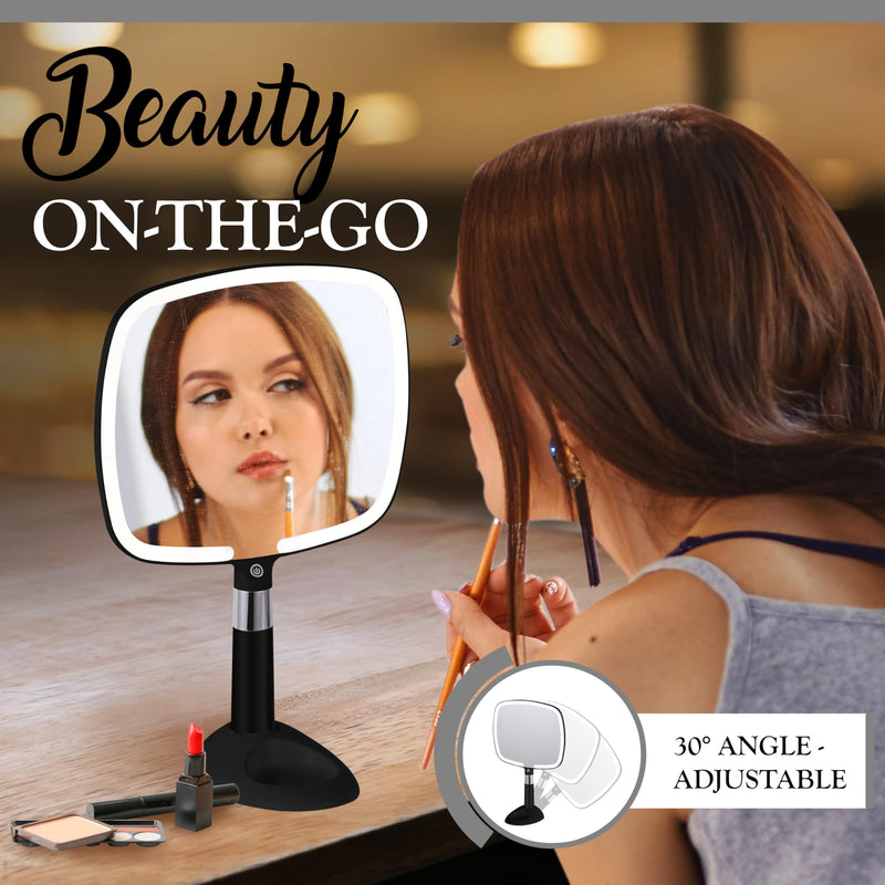 MIRRORVANA Lighted Travel Makeup Mirror - 2 in 1 Handheld & Tabletop LED Mirror with 3 Light Modes, Detachable Stand, and Comfy Handle - 9" x 13" (Black) Negro