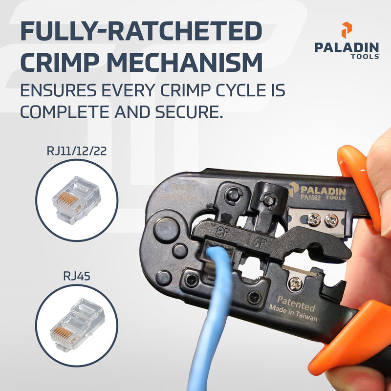 Paladin Tools PA1562 All-in-One Wire Crimper Tool – RJ45, RJ11, RJ22 - Pass-Through & Snagless Crimp Tool - Cut, Strip, Crimp 1562