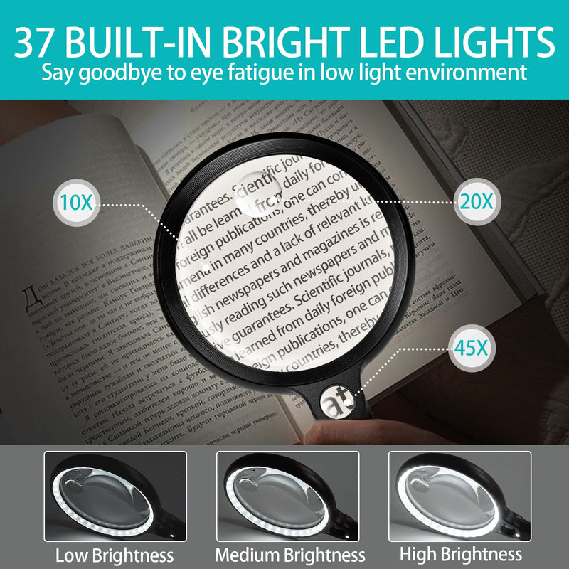 Large Magnifying Glass with 37 LED Light, 10X 20X 45X Handheld Illuminated Lighted Magnifier with 3 Light Modes Rechargeable Magnifying Glass for Seniors Reading, Inspection (Black & White) Black & White Magnifier with Light (No Case)