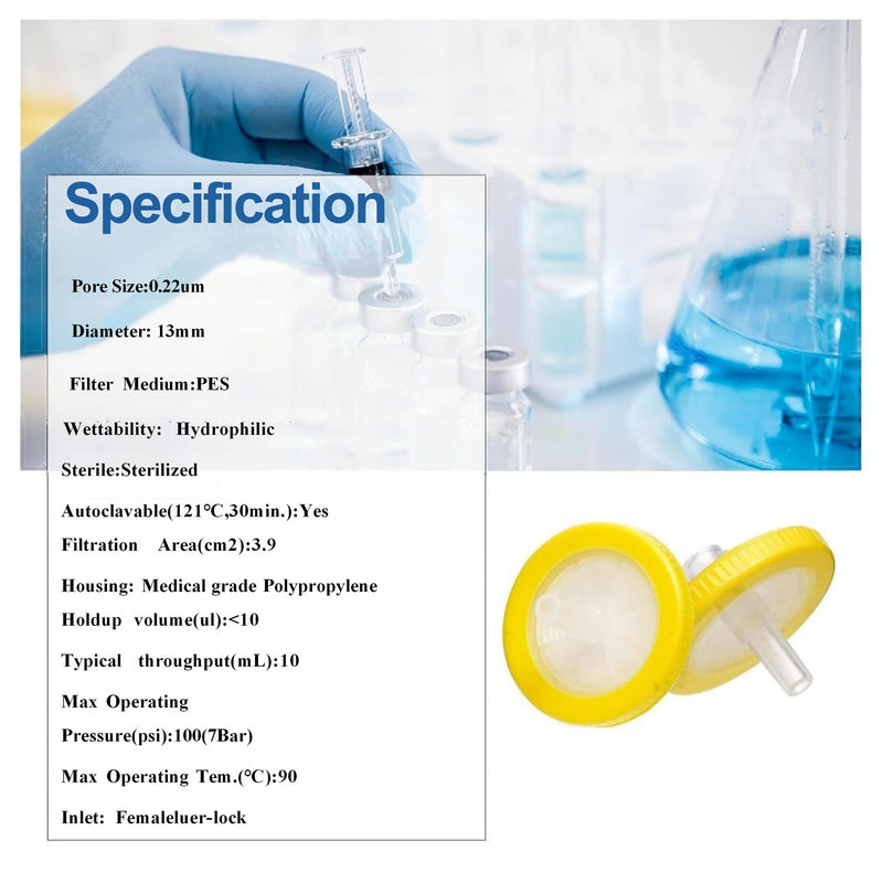 50PCS Syringe Filter PES Hydrophilic Filtration Sterile Lab Filters 0.22μm 13mm Membrane Diameter Individually Packed Yellow (13mm-0.22um) PES-13MM-0.22UM 50