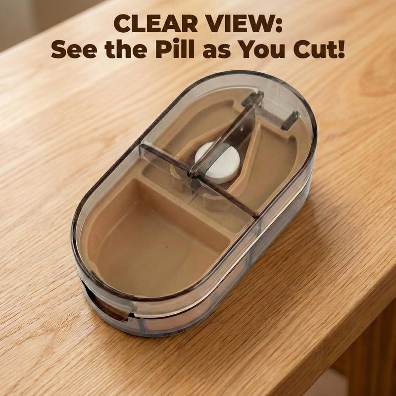 2 Pack Pill Cutter for Small or Large Pills – Professional Medicine Splitter with Clear Cover & V-Grip Centering Device – Accurate 1/2 & 1/4 Cuts for Oval & Round Tablets (Gray & Brown)
