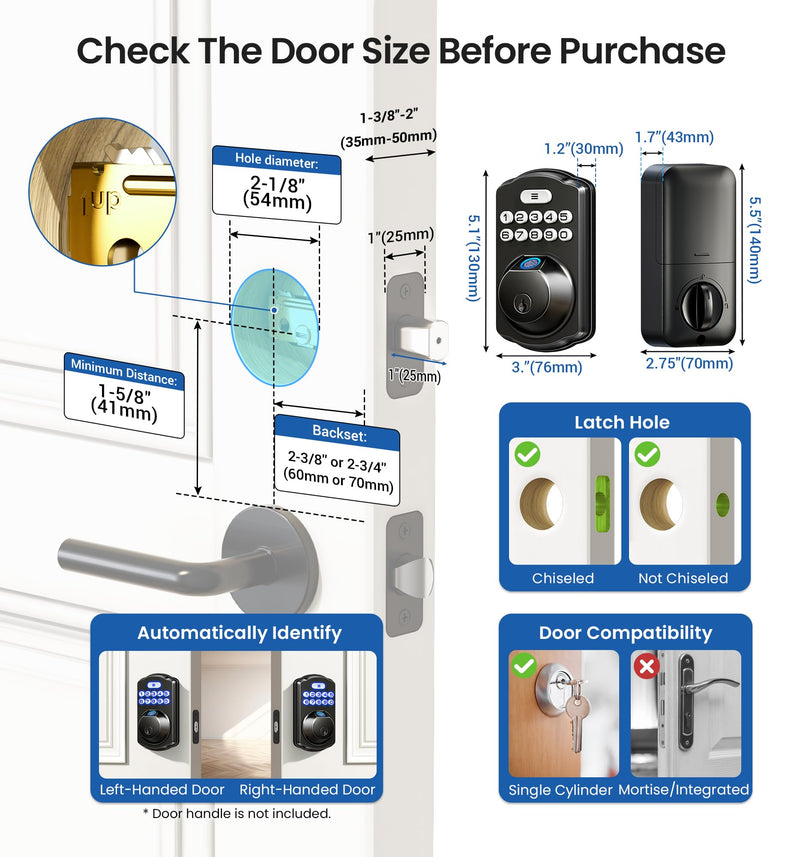 Veise KS02A Fingerprint Keyless Entry Door Lock, Auto Lock, Electronic Keypad Deadbolt for Front Door, Biometric, Anti-Peeping Password, Easy Install, Matte Black Traditional