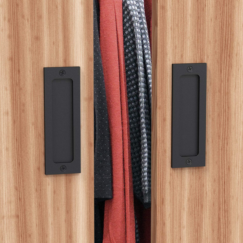 6" Finger Flush Pulls for Closet Pocket - Sliding Barn Door Handle Set - Pull Recessed Handle Rectangular Plate - Farmhouse Rustic Style - Matte Black - 2 Pack 6" Rectangular