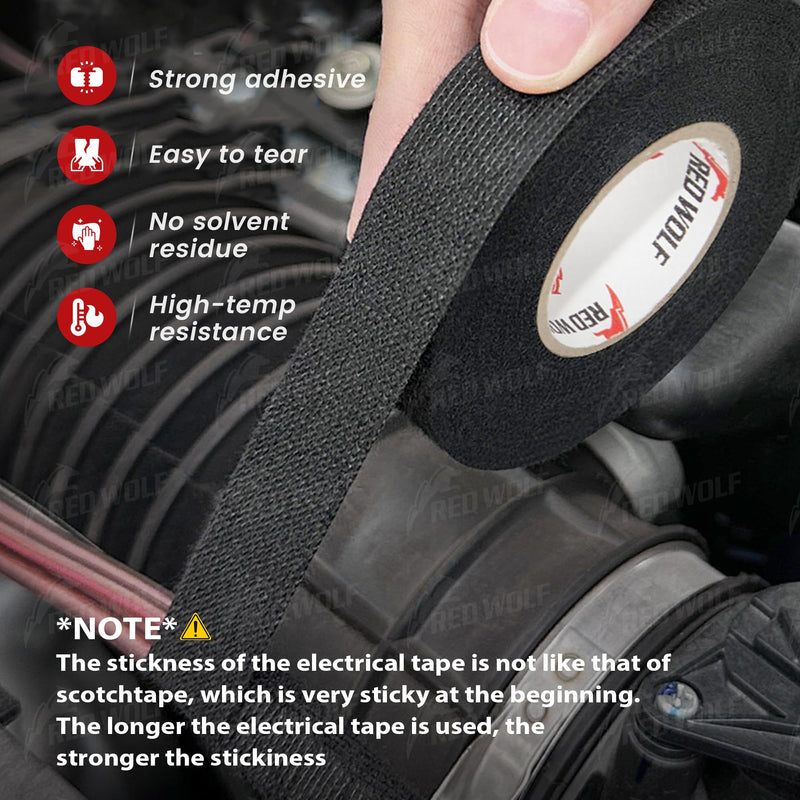 RED WOLF Wire Harness Tape 1 Inch 50 FT High Temp Wiring Loom Harness Self-Adhesive Felt Cloth Electrical Tape for Automotive Engine Electrical No Residue Fabric Insulated Black 5 Rolls