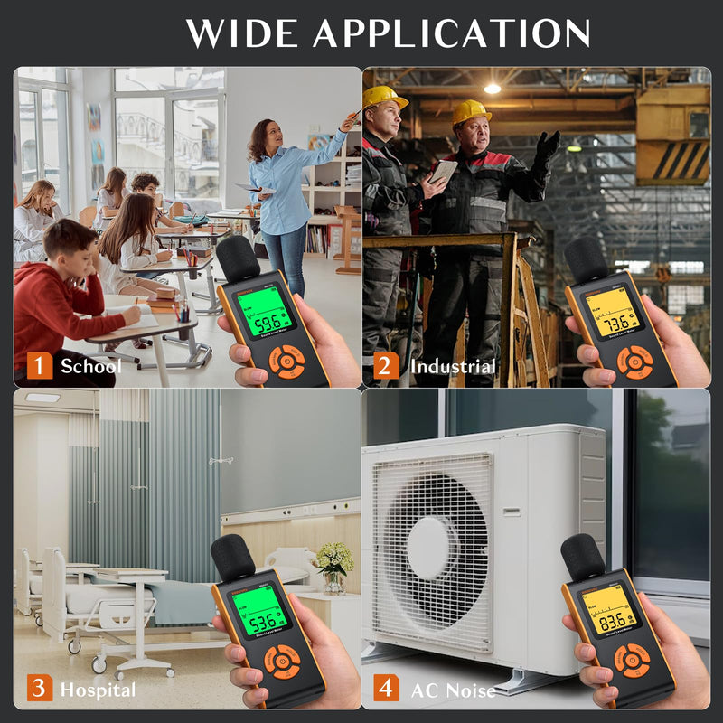 Decibel Meter Sound Level Monitor, 30-130dB High Accuracy, A/C Weighted, Fast/Slow Response, Backlit LCD, Portable for Home Factory Office School