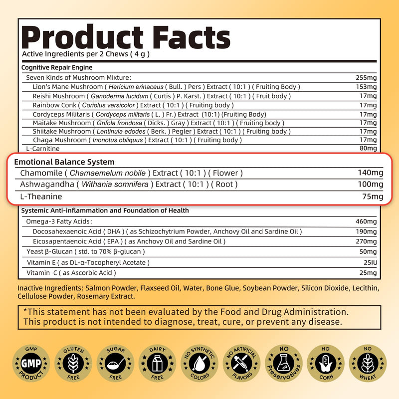 Advanced Calming Chews for Dogs-Brain & Composure Support with 7 Mushrooms, Ashwagandha, Omega-3 DHA & EPA, All Breeds & Sizes, Salmon Flavor, 90Ct