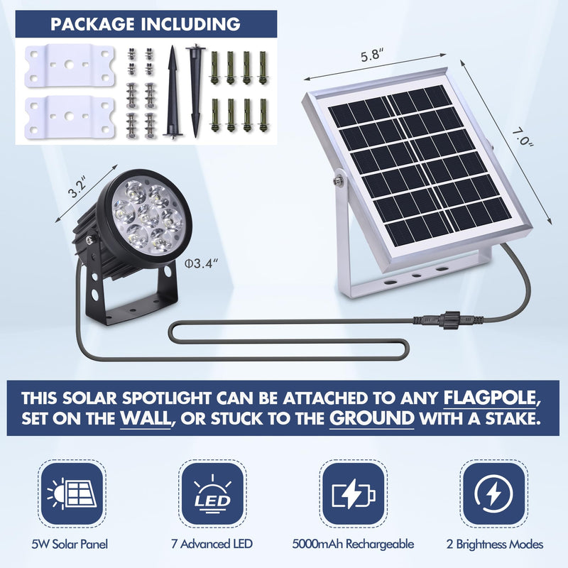 PPQ Solar Flag Pole Light,New 7 LED Bright Solar Powered Spotlight 12H/5W Outdoor Waterproof, Fits 1.6"-3.2" Flagpoles & Inground & Wall, Dusk to Dawn Auto On/Off(6000K White) 7 LED 5000mAh 5W