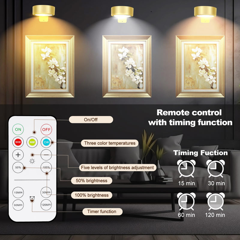TTQ 4PCS Magnetic Picture Lights Batteries Operated Painting Light with Telecontrol and Dimmable Timer,Gold Art Display Light Wireless Walls Decor Puck Lights for Picture Frame Artworking Portraits Gold
