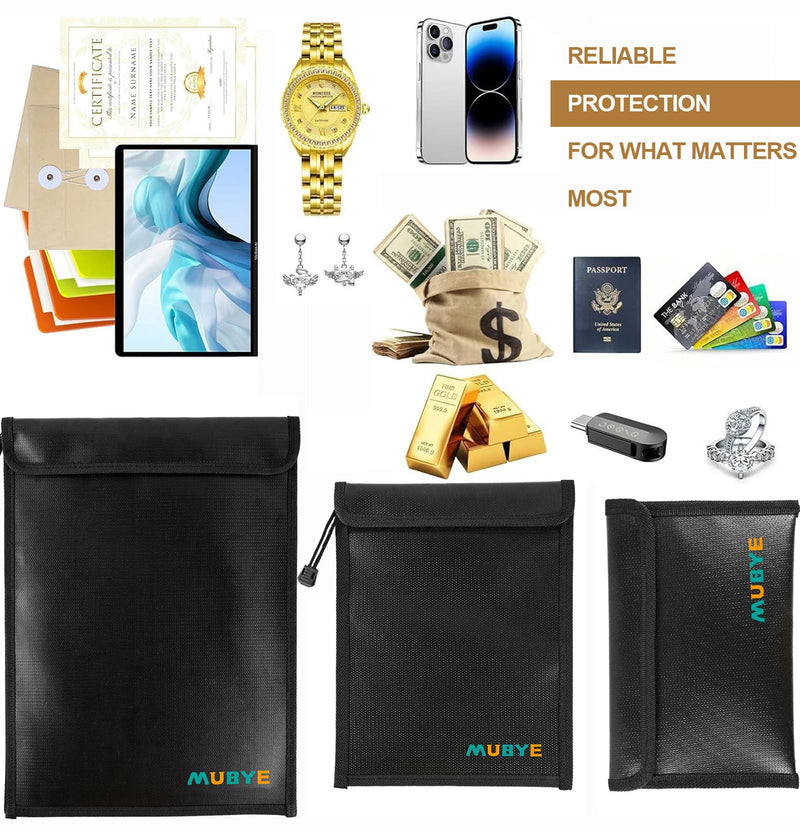 Upgraded Fireproof Waterproof Document Bag - 3 Pack Safe Money Bags With Zipper, Fire & Water Resistant Storage Organizer Pouch for Documents Holder,File,Cash,Passport,Tablet (Black) Black