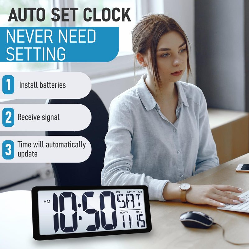 TXL Atomic Clock with Backlight, 14.2" Large Digital Wall Clock Battery Operated, Digital Clock Large Display with Day, Date & Temperature, Large Wall Clock for Bedroom, Livingroom, Office Black Atomic Backlight-14.2in