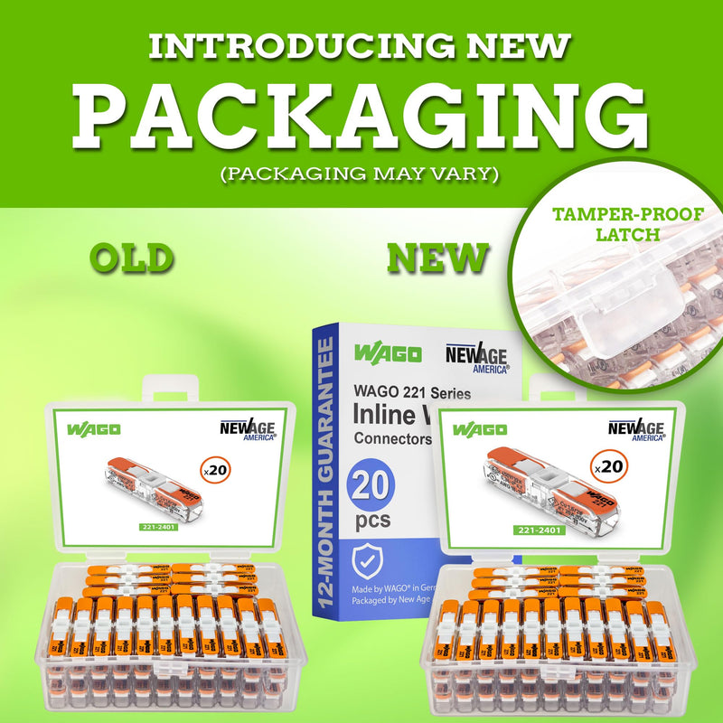 WAGO 221-2401 20pc Inline Compact Splicing Wire Connectors | Includes 20pc 221-2401 (2 Conductor) | WAGO Wire Connectors | WAGO 221 Wire Nuts | WAGO 221 Series Inline | WAGO Inline Wire Connectors 20