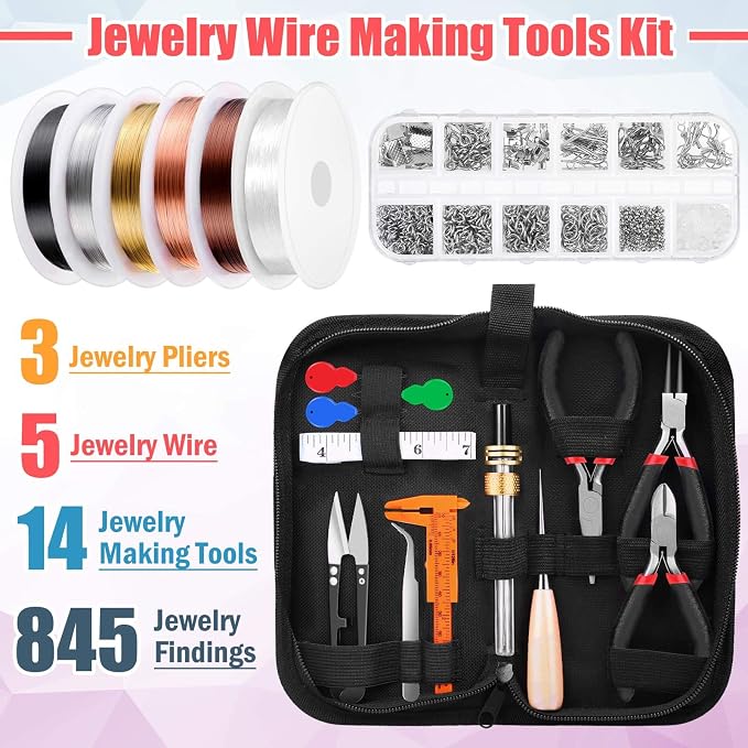 Mluchee Jewelry Making Supplies Tools - Including 3 Jewelry Pliers, 6 Wire Wrapping Kit, 16 Jewelry Tools, 845 Jewelry Findings with Storage Bag for Repair, DIY Crystal and Beading
