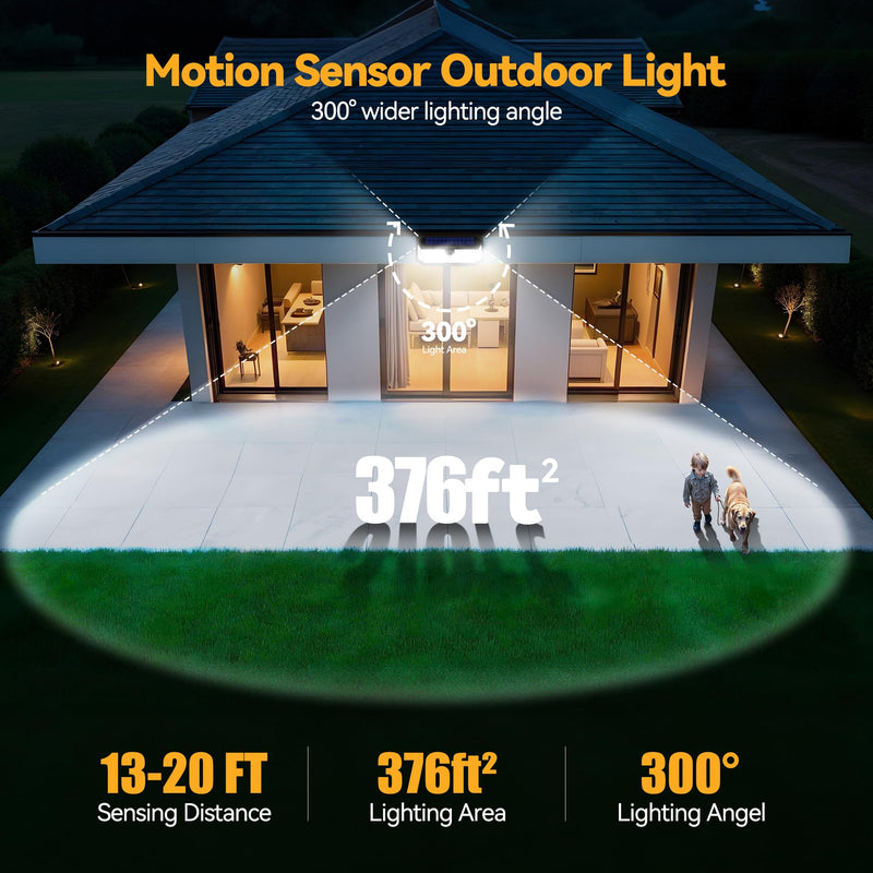 TECKNET 4200Lm 416 LED Solar Motion Lights Outdoor, 300° Angle & 3 Lighting Modes Motion Sensor Light Outdoor, 2 Pack Security Solar Lights IP66 Waterproof for Fence Front Door Yard Deck Garden Garage 2 Pack - Cool White