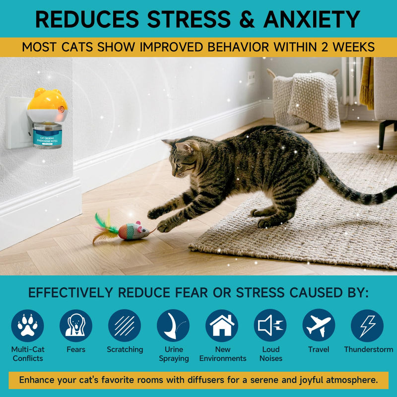 3-in-1 Cat Calming Diffuser, Cat Pheromones Calming Diffuser for Cat Anxiety Relief, Cat Pheromone Diffuser with 1 Diffuser + 2 Refills 48ml Vial, 60 Days Pheromone Diffuser to Calm Cats & Multi-cat 1 Diffuser, 2 Refills