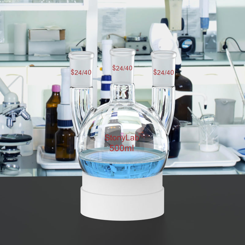stonylab Round Bottom Flask with 3 Straight Neck-24/40 Standard Joints, 500 ml High Borosilicate Glass, Ideal for Chemistry, Laboratory, Scientific Experiments, Distillation, and Reflux Applications