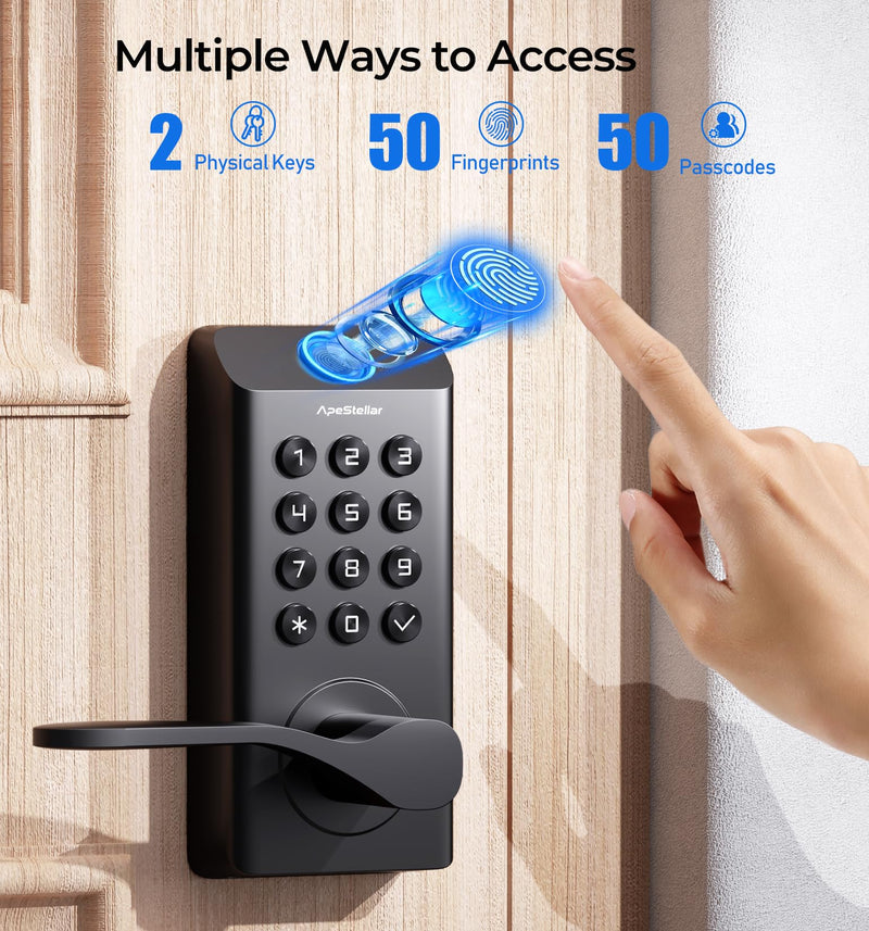 Fingerprint Keyless Entry Door Lock, Biometric Door Knob with Handle, Keypad Digital Code Lock for Front Door, Superior Durability & Voice Guidance, Matte Black