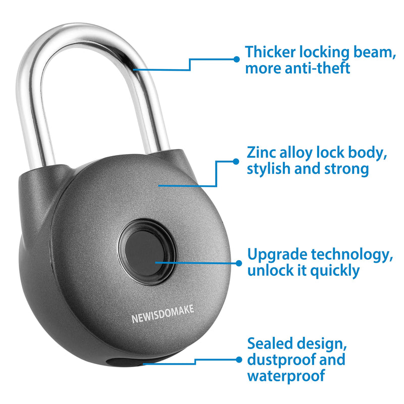 Fingerprint Padlock, Smart Lock with Key Backup, Waterproof for Gym, Luggage, Bookcase, Suitcase, Backpack, Bike, School Locker (Gray)