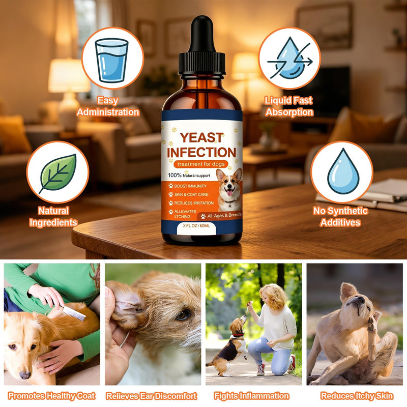 Yeast Infection Drops for Dogs, Yeast Infection Treatment for Dogs - Dog Ear, Paw & Skin Itch Relief, Improves Coat & Skin, Inflammation Relief - 2 fl oz (60ml) (1)