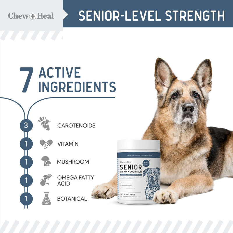 Chew + Heal Labs Senior Dog Vision and Cognition Chews - 60 Soft Chews for Dog Eye Care and Memory - 7-in-1 Multivitamin with Omega Fatty Acids, Vitamins, and Botanicals - Made in the USA 60 Count