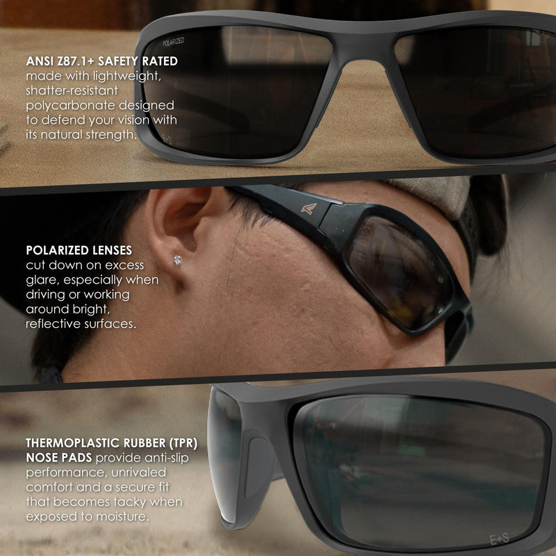 EDGE Brazeau Safety Glasses, Z87 Polarized Safety Sunglasses, Impact/Scratch Resistant, 99.9% UV Protect, ANSI Z87 Rated Black Frame Classic