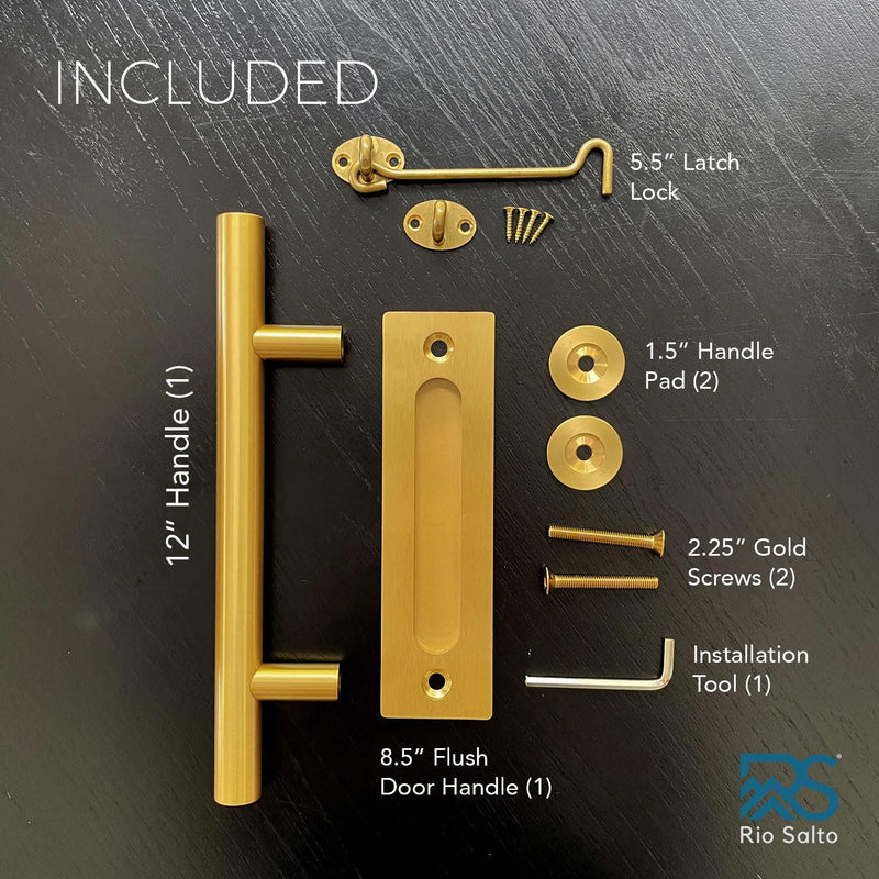 Rio Salto 12-Inch Gold Barn Door Handle Kit with Latch Lock Set Closet Brass Finish Pull Handle Flush Handles Hardware Large Sliding Door Handles 1-Door (Gold - 1Pack w/Lock)