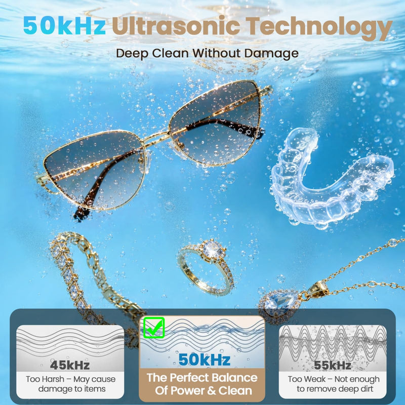 Ultrasonic Jewelry Cleaner, 50kHz Ultrasonic Cleaner Machine for Jewelry, Eyeglass, Retainers,Watch Strap, Rings,420ml 304 Stainless Steel Tank, 5 Timer Modes & LED Digital Display (White) White