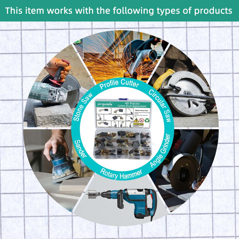 Electric Motor Carbon Brushes Set - 40 Pack Replacement Repair Kit with 10 Sizes, Suitable for Repair Power Tools Part