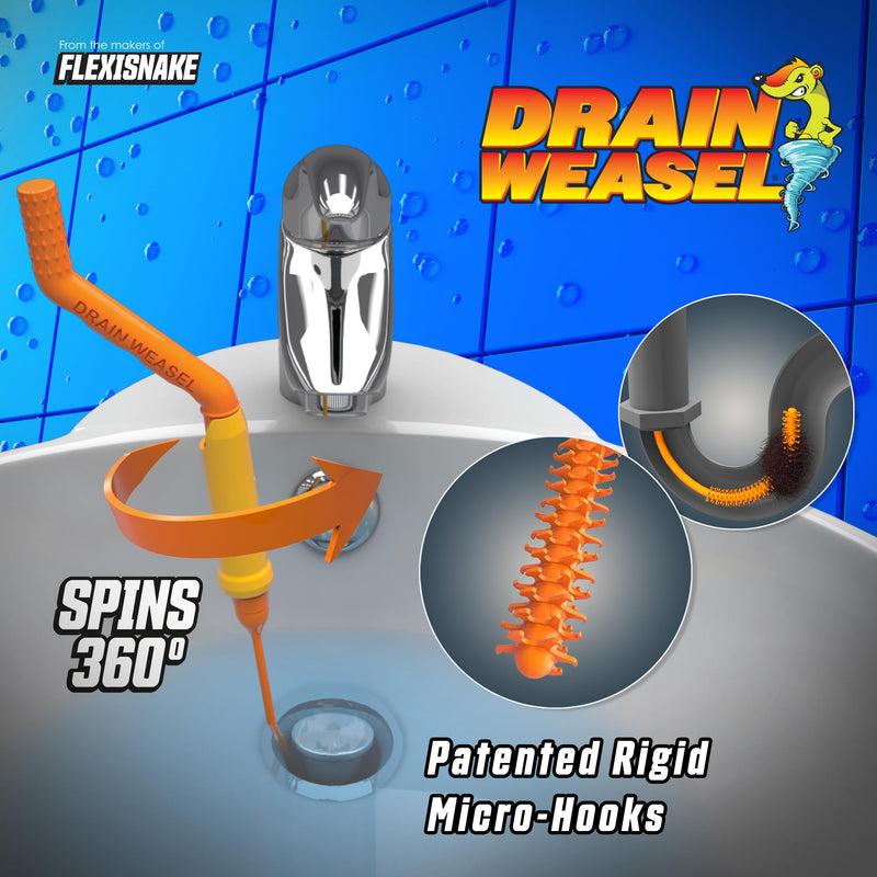 FlexiSnake Pro Drain Weasel Sink Snake Cleaner with New Molded Tip - 18″ - Drain Snake Clog Remover Tool with Rotating Handle & 5 Wand Refills - Easy to Use on Drains & Grates - Made in USA - 5-Pack 5 pk