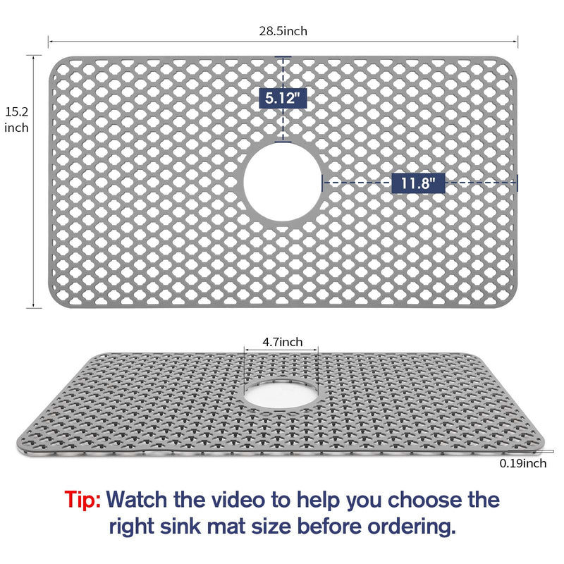 Silicone Sink Protector 28"x15" Center Drain Hole, Heat Resistant Non-slip Dishwasher Suitable, Large Sink Mat for Bottom of Farmhouse Kitchen Stainless Steel Sink 28x15 center
