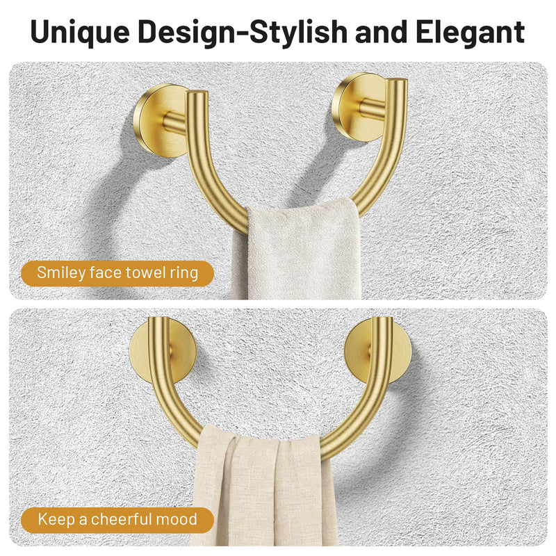 Brushed Gold Smiley Face Towel Ring Bathroom Hand Towel Holder Stainless Steel Wall-Mounted Bathroom Hardware Accessories Towel Rack Brushed Gold