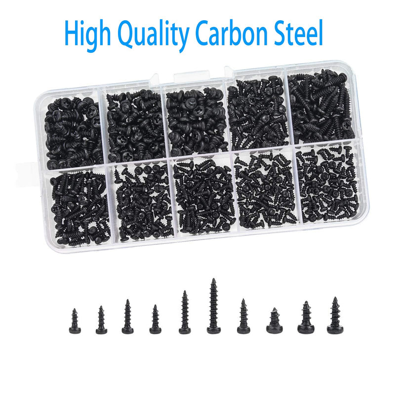 AXK 1000PCS M1 M1.2 M1.4 M1.7 Phillips Round Head Self Tapping Small Screw Micro Screws Electronic Small Black Bolts Wood Screws Kit