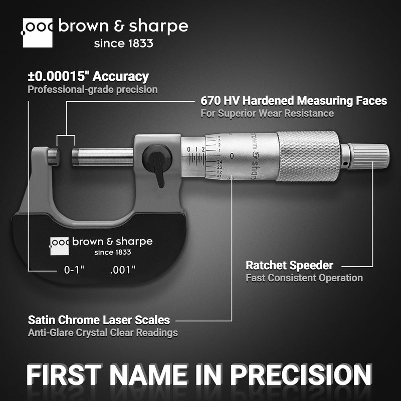 Brown & Sharpe Outside Micrometer 0–1", Precision Micrometer Machinist Tools, 0.001" Graduation, Carbide Measuring Faces, Ratchet Stop, Satin Chrome Sleeve for Reliable Measurement & Clear Reading