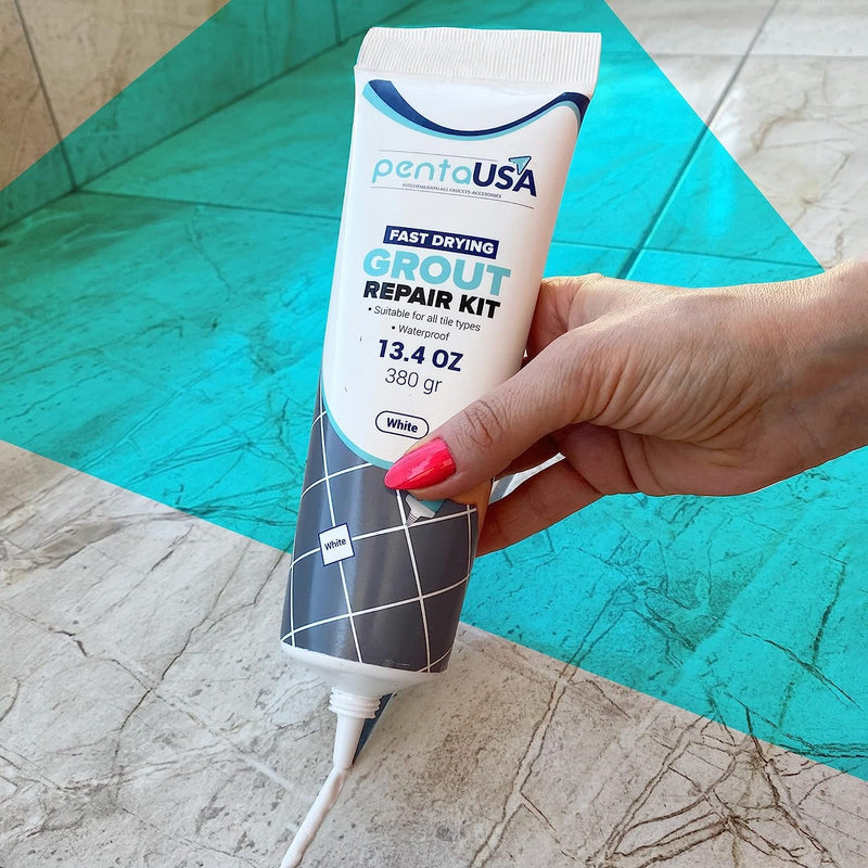 PentaUSA Tile Grout - Large Grout Filler Repairs Renews Tube, Fast Drying Grout Repair Kit, Odorless Formula - Grout Floater Included - 13.4oz / 380gr (White) White
