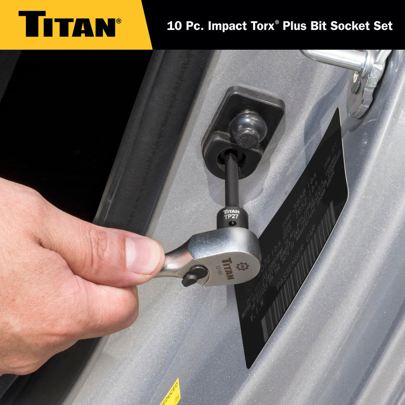 Titan 49008 10-Piece Impact Torx Plus Bit Socket Set, Sizes TP10 thru TP50, S2 and 6150 Alloy Steel, Extra-long Design for Greater Reach and Access, Metal Storage Rail