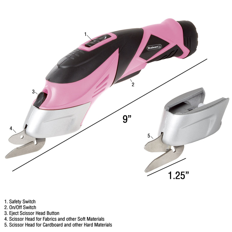 Cordless Electric Scissors with Two Blades – Fabric, Leather, Carpet and Cardboard Cutter – 3.6V Lithium-Ion Rechargeable Battery by Stalwart (Pink) Pink Double-Blade