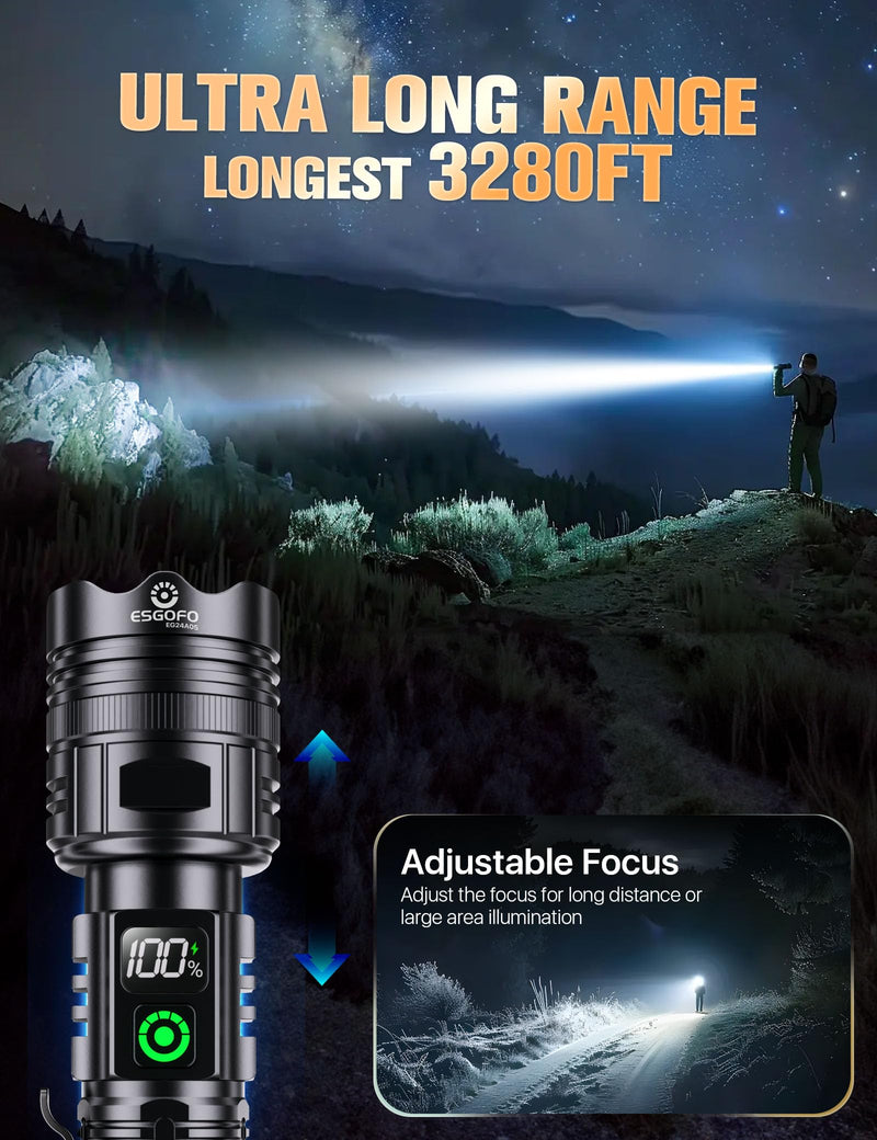 Esgofo Rechargeable Flashlights High Lumens 10000 2 Modes High/Low, Super Bright Magnetic LED Flashlight Long Distance 3280FT, Powerful Long Lasting Strong Flash Light USB C with Clip for Hiking 30.0 Watt Hours