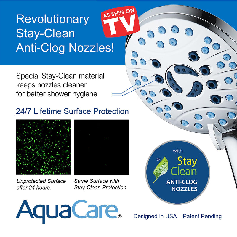 AquaCare High Pressure 8-mode Handheld Shower Head - Anti-clog Nozzles, Built-in Power Wash to Clean Tub, Tile & Pets, Extra Long 6 ft. Stainless Steel Hose, Wall & Overhead Brackets 2.5 Gallon Per Minute Premium Chrome