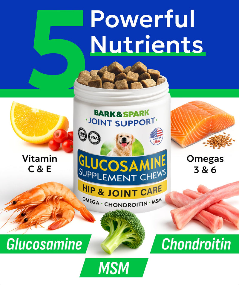 BARK&SPARK Glucosamine Chondroitin Dog Hip & Joint Supplement - Joint Pain Relief - Hip & Joint Chews - Joint Support Large Small Breed - Senior Doggie Vitamin Pill Joint Health 120Ct (Chicken) Hip&Joint (Mobility)