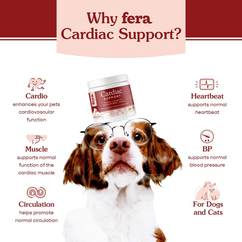 FERA Cardiac Support Supplement for Dogs Cats, Taurine, L-Carnitine, CoQ10, Organic Hawthorn Berry, Vitamin E, Promotes Cardiovascular Heart Health, Healthy Circulation 60 capsules - PawsPlanet Australia