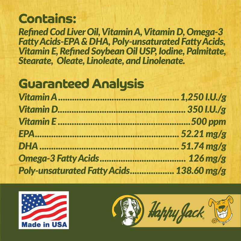 Happy Jack Cod Liver Fish Oil for Dogs Skin and Coat Supplement, Brain, Eyes, Bones, Hip, Joint, Heart & Immune System Health, Energy Booster (16 oz), Omega 3 with EPA & DHA, Vitamin A & D - PawsPlanet Australia