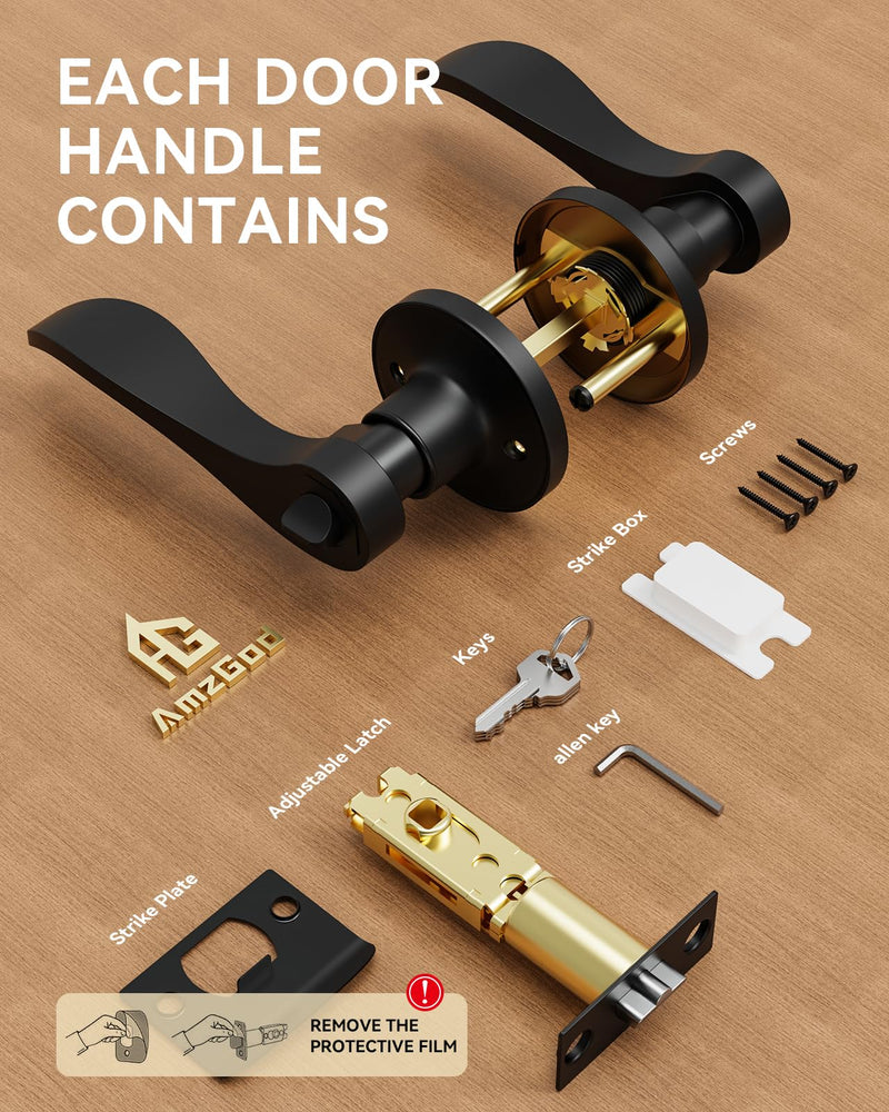 2 Pack Entry Black Door Handle with Lock and Key, Keyed Different Door Levers Interior Exterior Handle Lock, Reversible Front Entrance for Bedroom Wave Style Lever Handles 2 Pack Matte Black